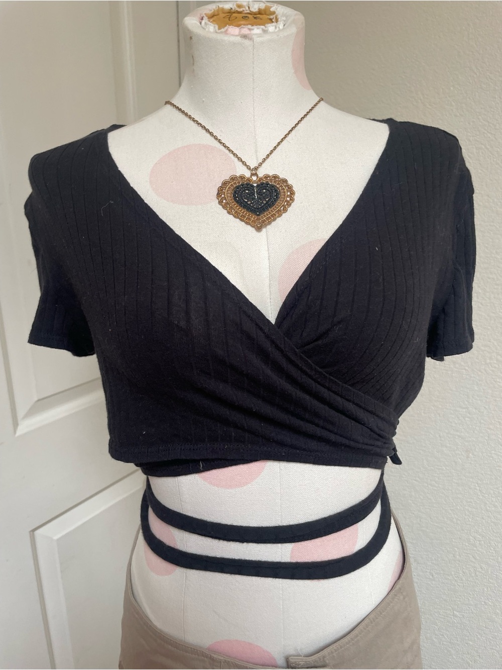 SHEIN Black Ribbed Wrap Crop Top with Tie Straps
